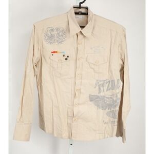 Etzo Graphic Button Down Shirt Men Large Beige Long Sleeve Skulls Y2K Streetwear